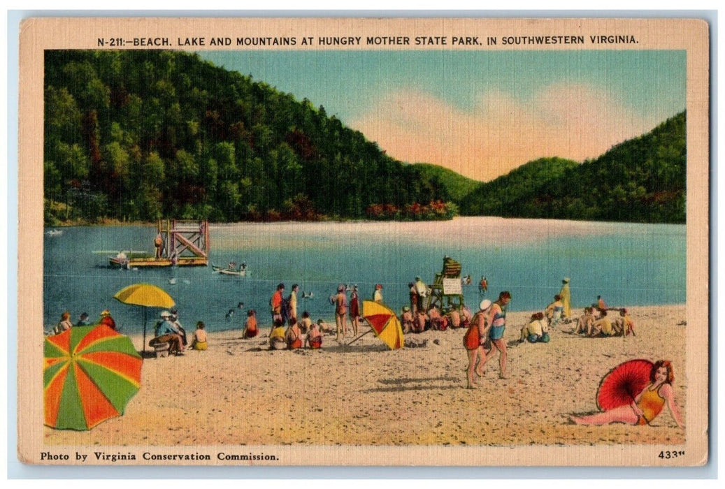 c1940 Beach Lake Mountains Hungry Mother State Park Marion Virginia VA Postcard