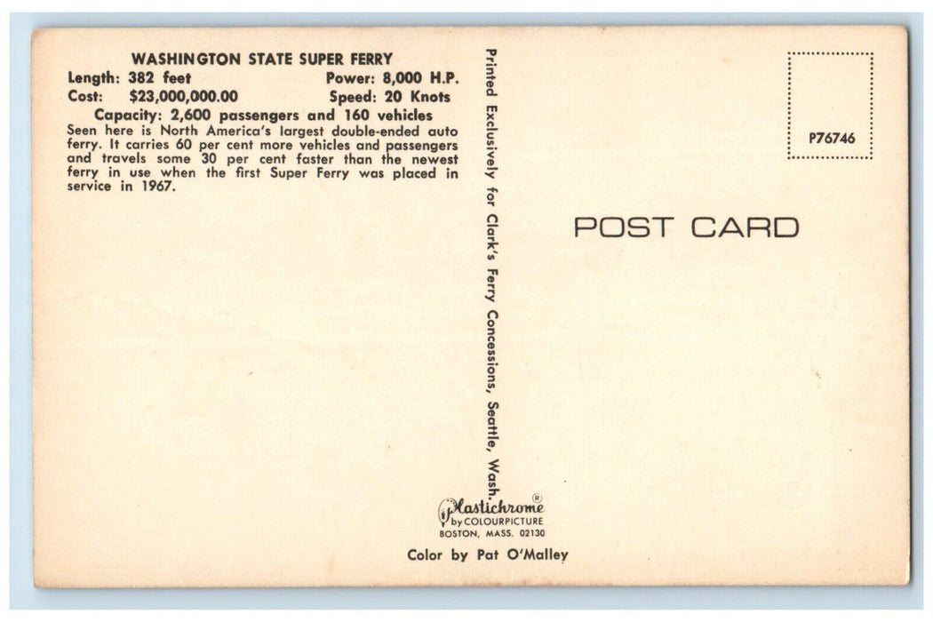 c1960 Washington State Super Auto Ferry Vehicle Cruise Passenger Ship Postcard