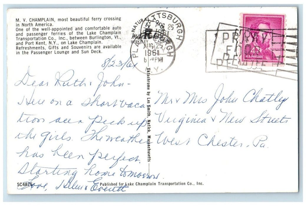 1961 M.V. Champlain Ferry Crossing North America Sun Deck Port Kent NY Postcard