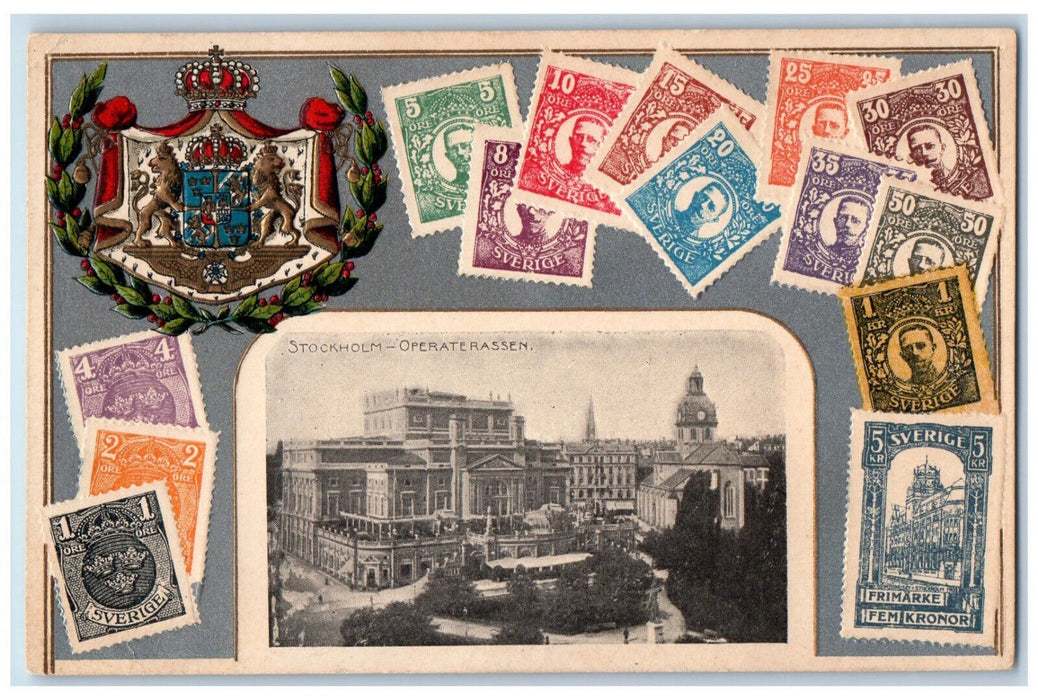 c1910 Stockholm-Operaterassen Sweden Post Stamps Logo Embossed Postcard