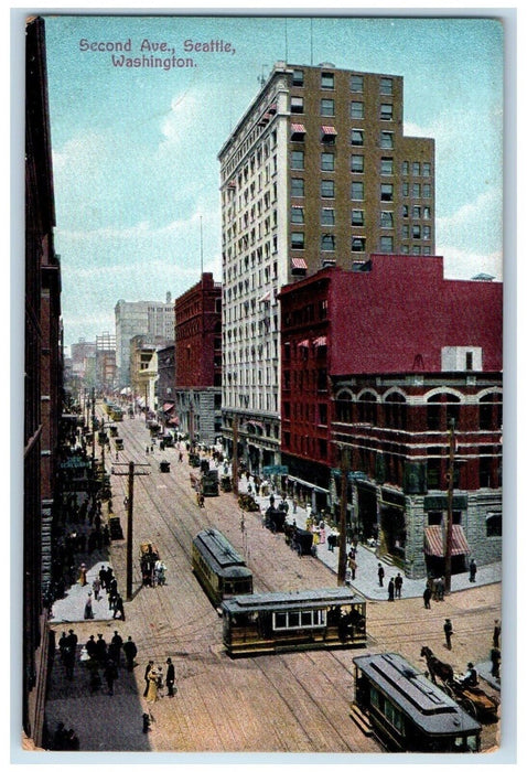 1910 Aerial View Second Avenue Streetcars Trolley Seattle Washington WA Postcard