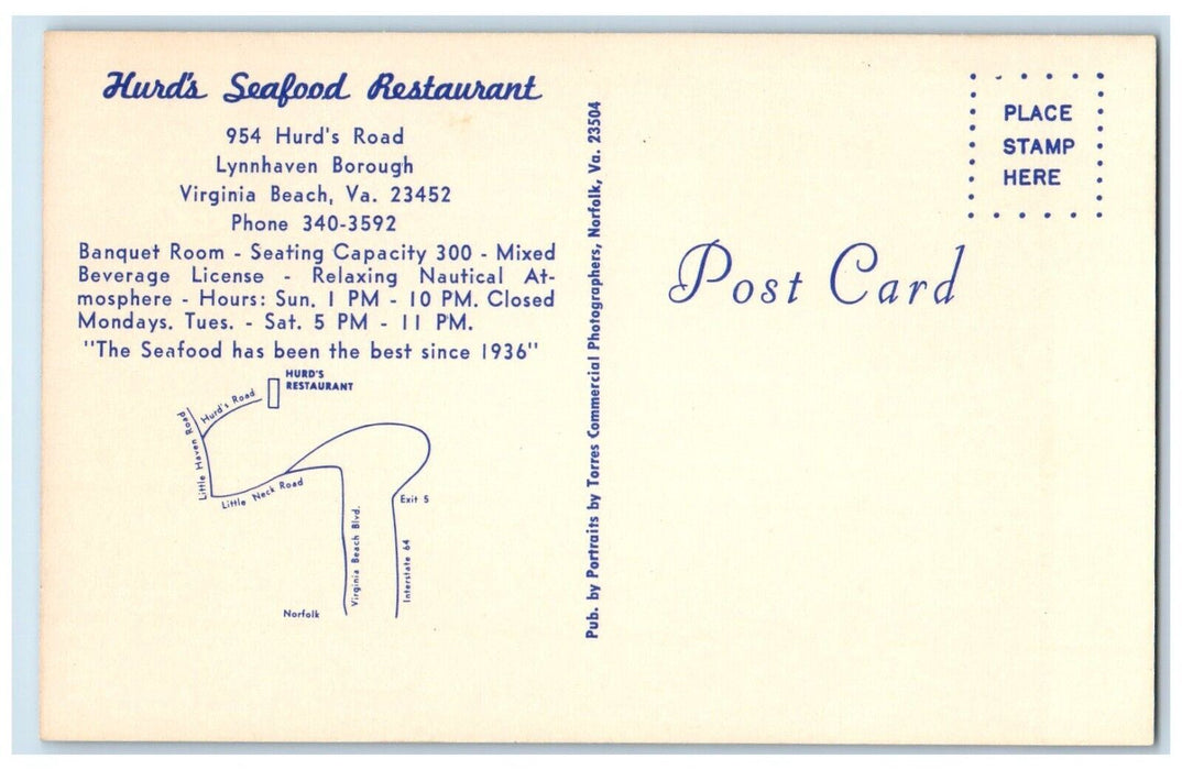 c1960 Hurd Seafood Restaurant Virginia Beach Virginia VA Multi-View Postcard