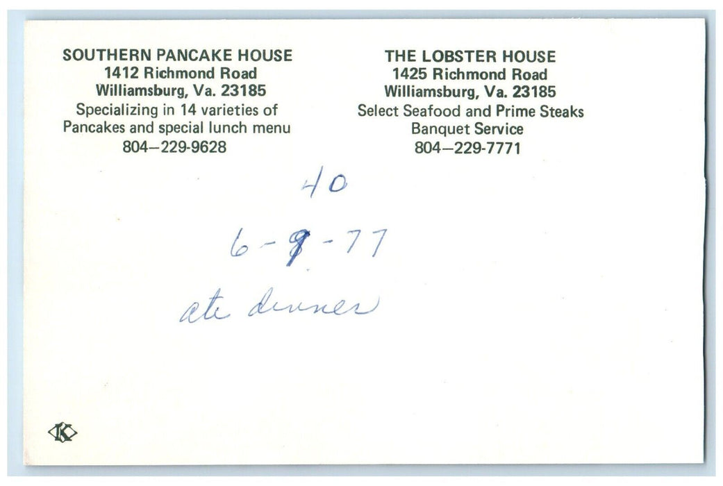 c1960 Lobster House Southern Pancake House Williamsburg Virginia Flower Postcard