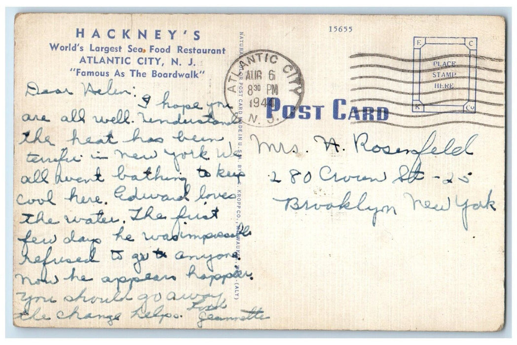 1944 Main Dining Room Hackney Sea Food Restaurant Atlantic City Vintage Postcard