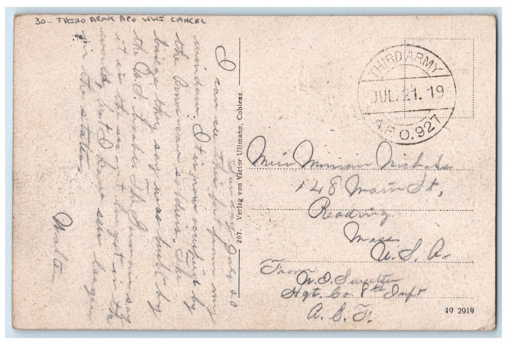 1919 Ehrenbreitstein Third Army A.P.O. WW1 Cancel Koblenz Germany Postcard