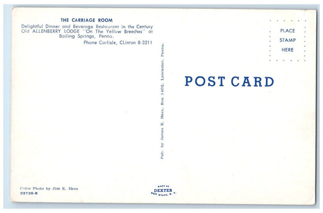 c1960 Carriage Room Old Allenberry Lodge Boiling Springs Pennsylvania Postcard