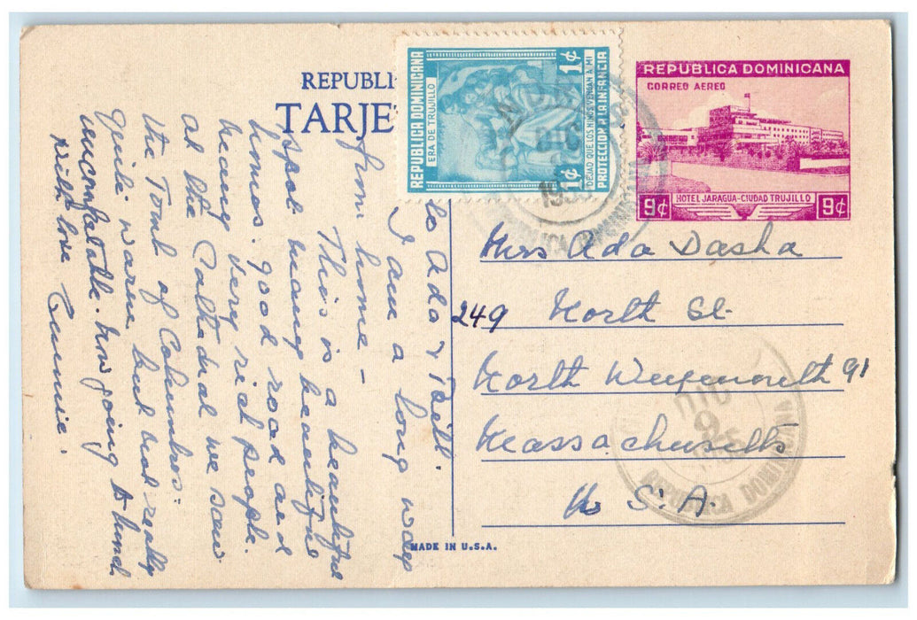 1955 Duarte's Park Trujillo City Monument Dominican Republic Postcard