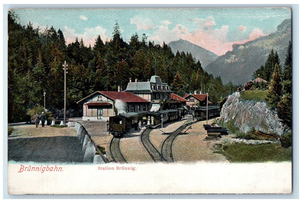 c1910 Train Locomotive Brunnig Station Brunnigbahn Switzerland Postcard