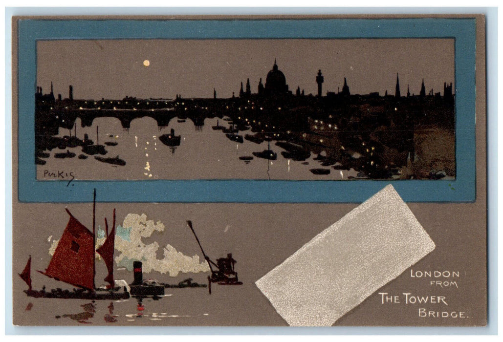 c1910 Moonlight London From The Tower Bridge England Unposted Antique Postcard