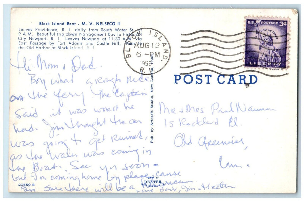 1959 Block Island Boat M.V. Nelseco II Steamer Providence Rhode Island Postcard