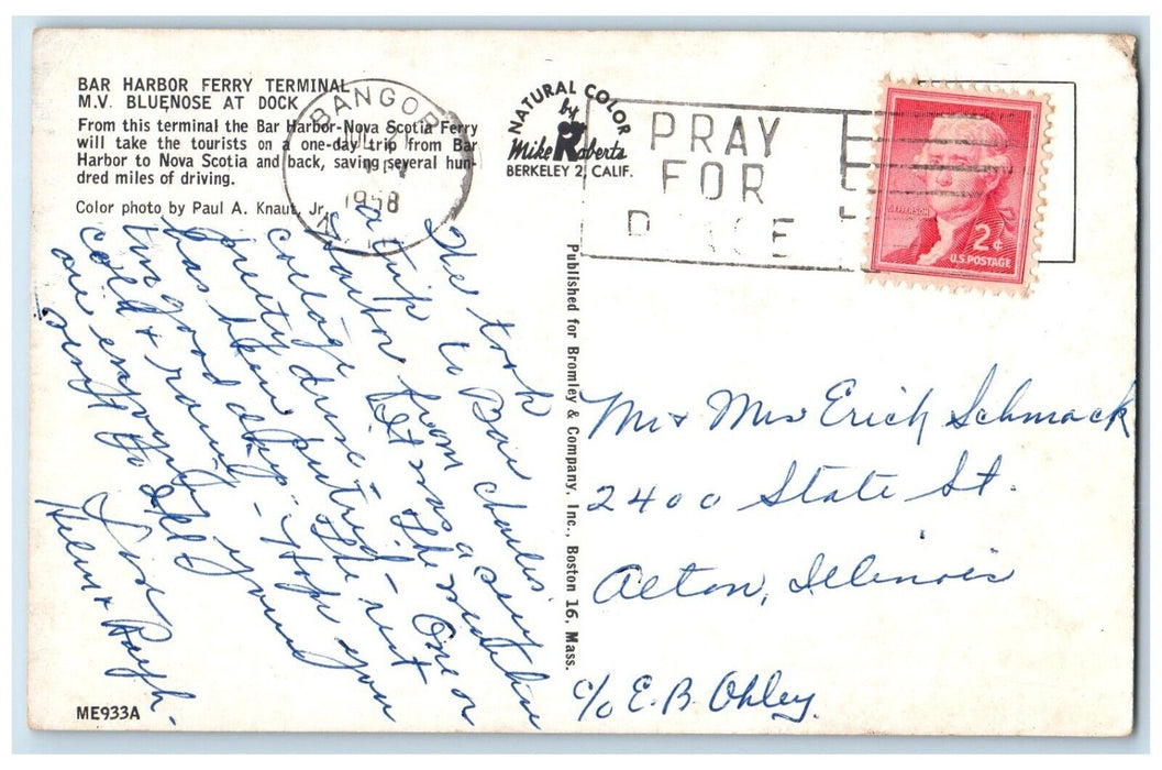 1958 Bar Harbor Ferry Terminal M.V Bluenose Dock Bar Harbor Nova Scotia Postcar