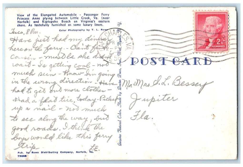 1956 View Elongated Automobile Passenger Ferry Princess Little Creek VA Postcard