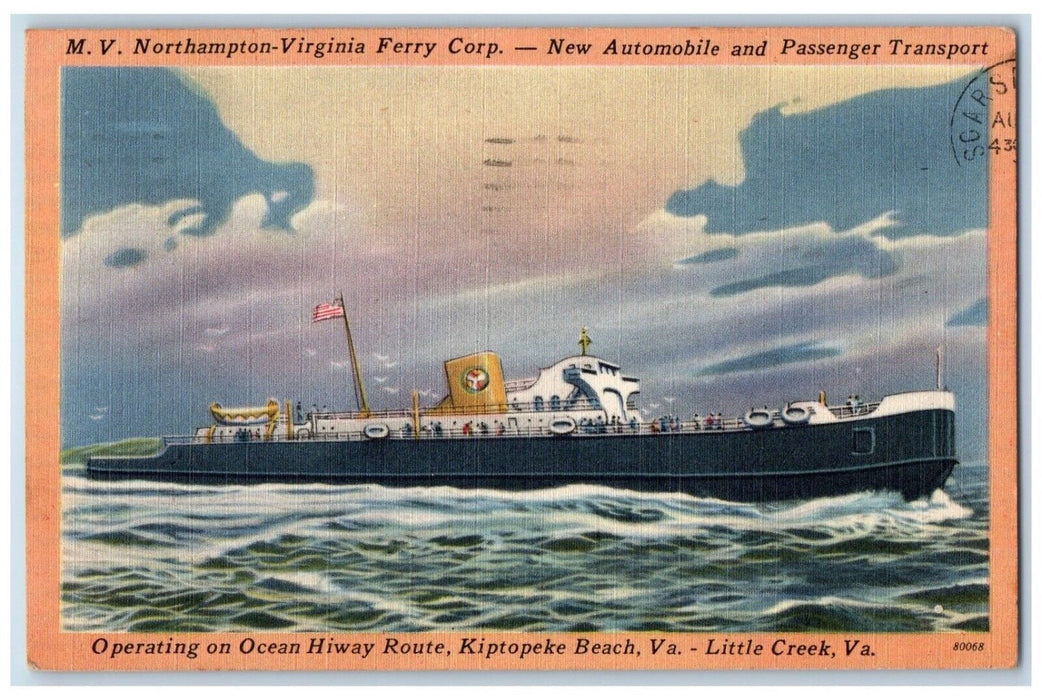 1951 M.V. Northampton Virginia Ferry Corp. Hiway Little Creek Virginia Postcard