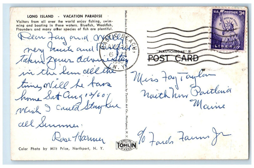 1960 Long Island Vacation Paradise Fishing Swimming Boating Canoe Boat Postcard