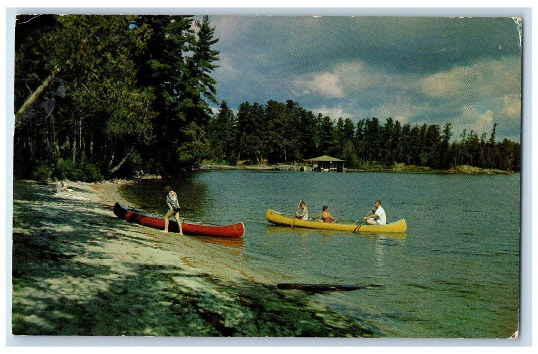1964 Swimming Beach Basswood Lodge Canoe Boat Ely Minnesota MN Vintage Postcard