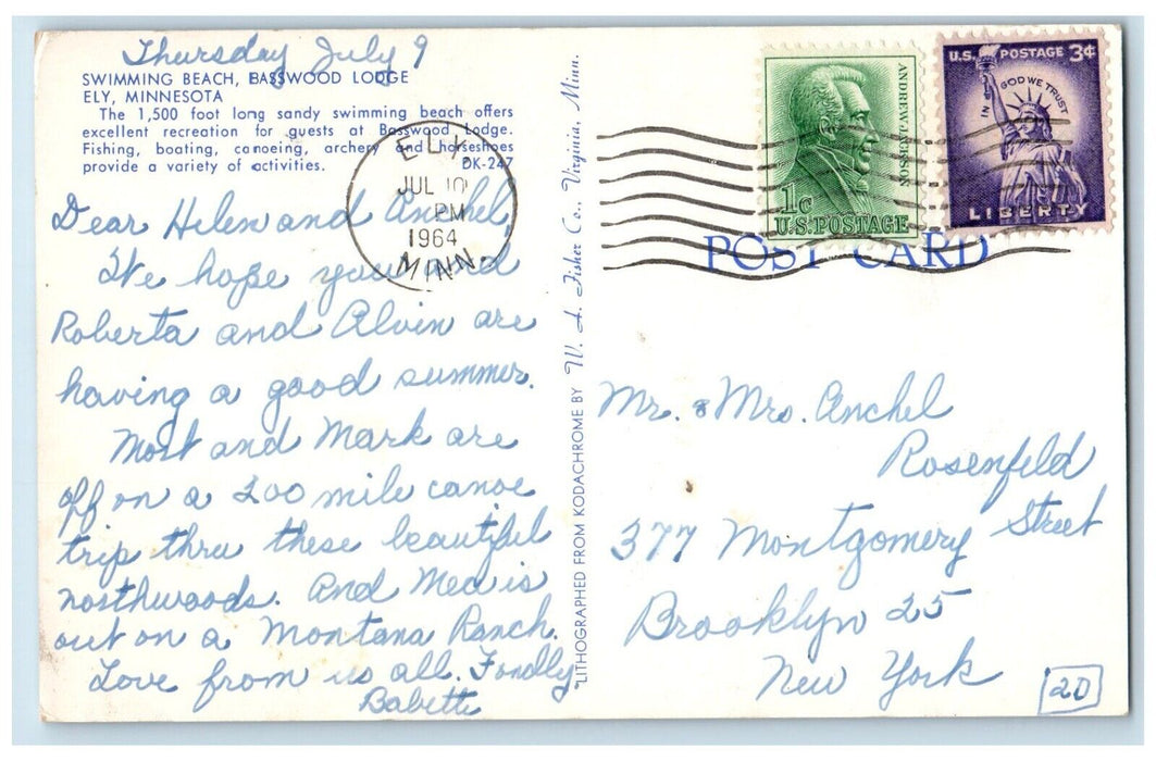 1964 Swimming Beach Basswood Lodge Canoe Boat Ely Minnesota MN Vintage Postcard