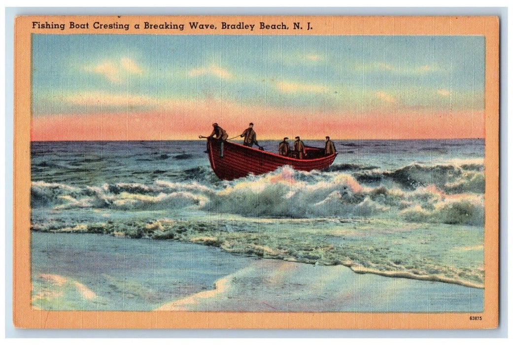 c1940 Fishing Boat Cresting Breaking Wave Bradley Beach New Jersey NJ Postcard