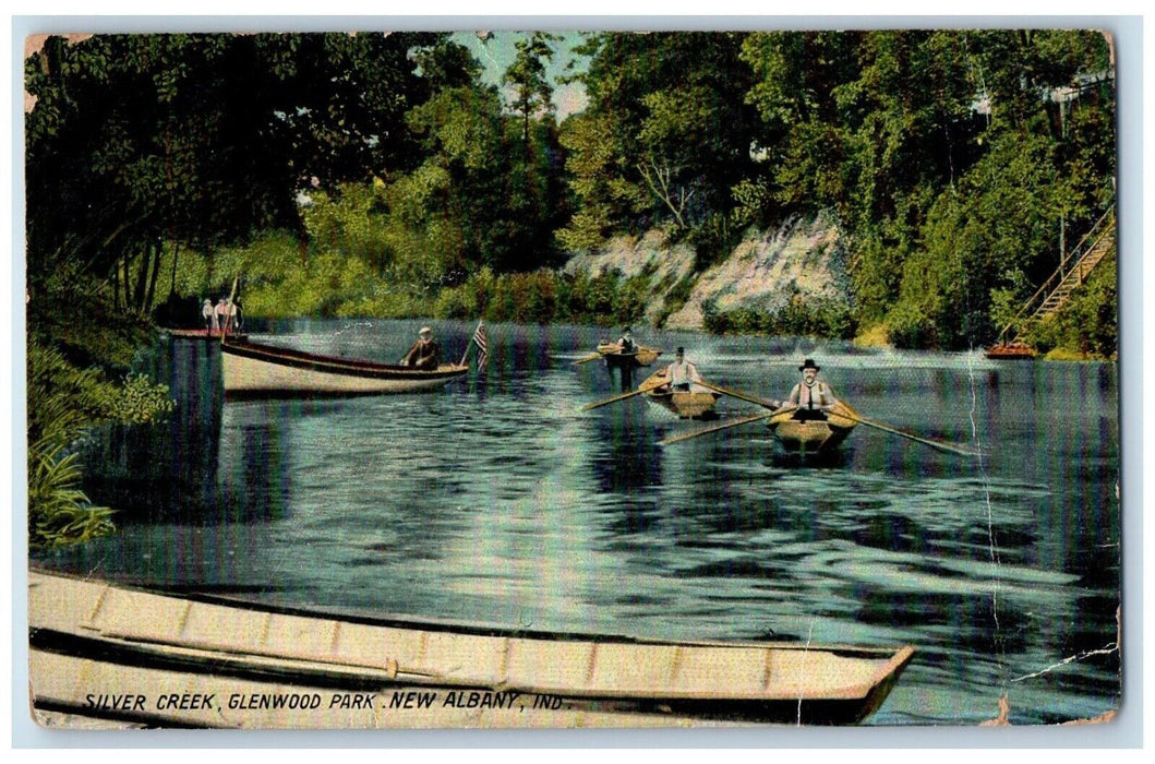 1912 Silver Creek Glenwood Park Paddle Boat Canoe New Albany Indiana IN Postcard