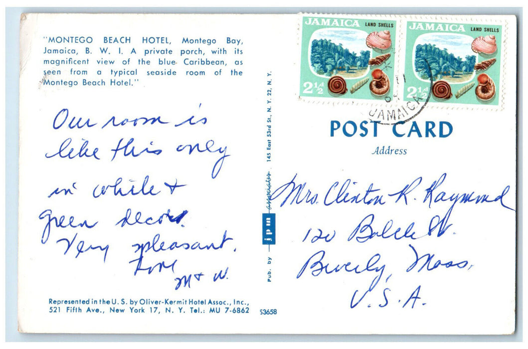 c1960's Montego Beach Hotel Montego Bay Jamaica BWI Posted Vintage Postcard