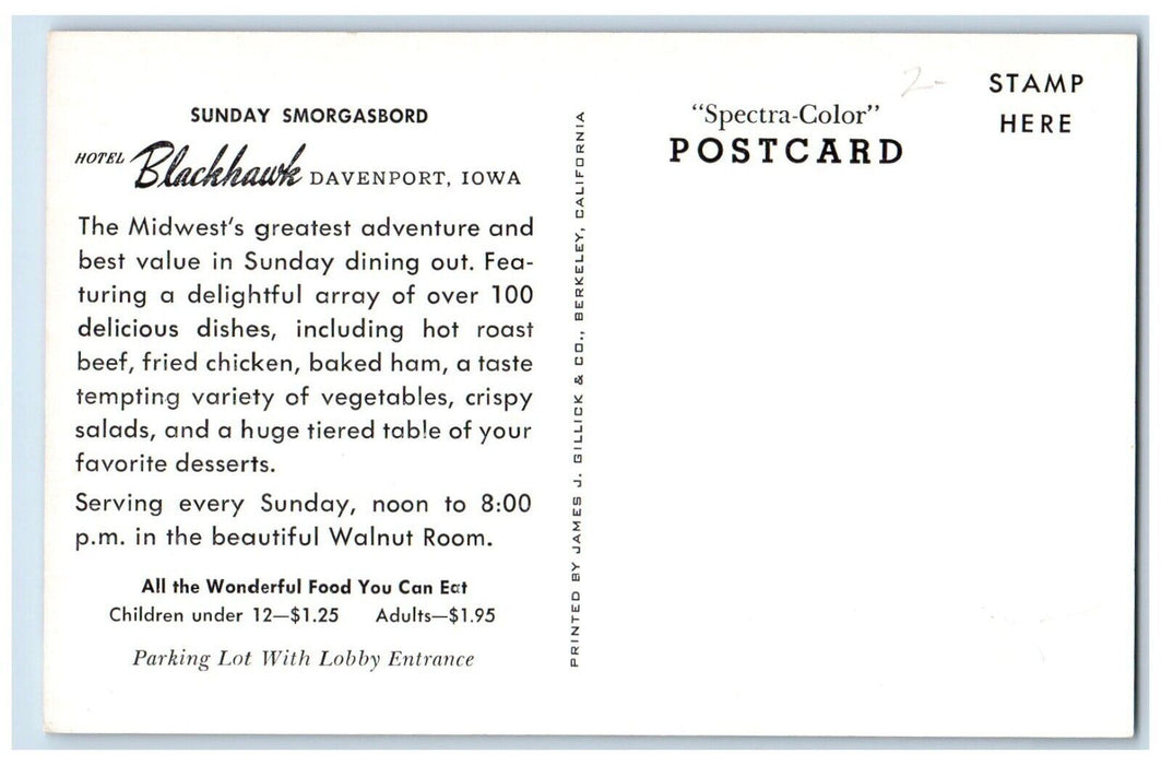 c1960 Sunday Smorgasbord Hotel Blackhawk Davenport Iowa IA Multi-View Postcard