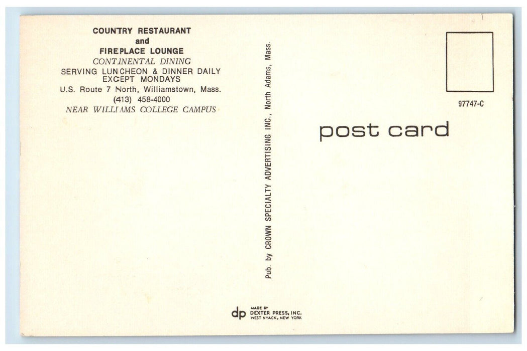 c1960 Country Restaurant Fireplace Lounge Williamstown Multi-View MA Postcard