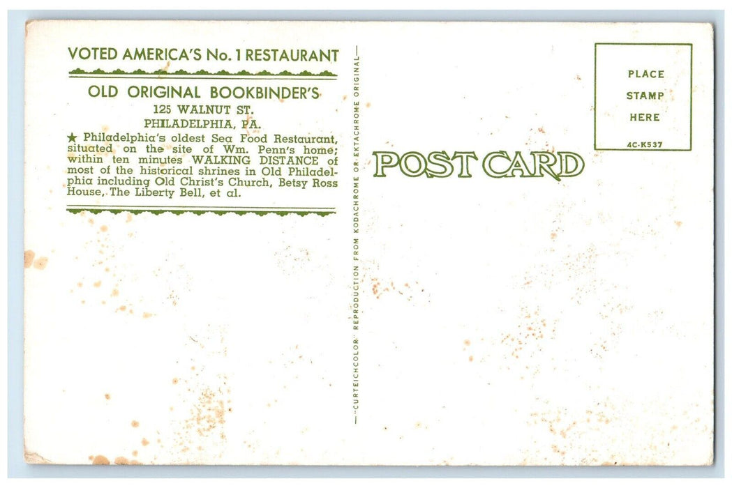 c1960 Old Original Bookbinders Restaurant Philadelphia Pennsylvania PA Postcard