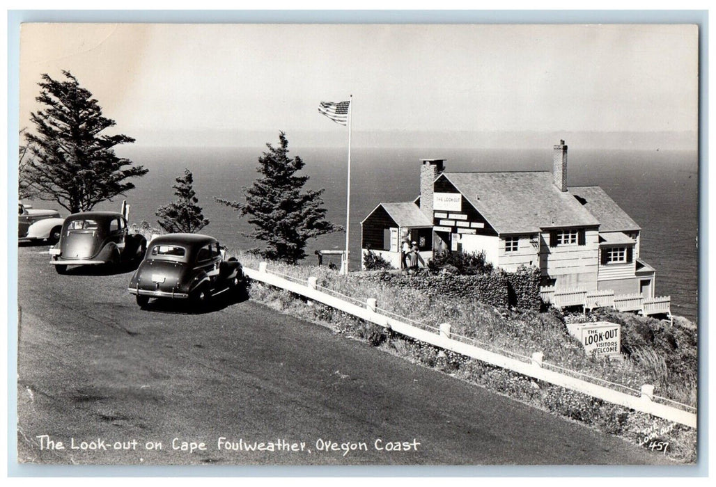 The Look Out On Cape Foulweather Oregon Coast Cars OR RPPC Photo Postcard