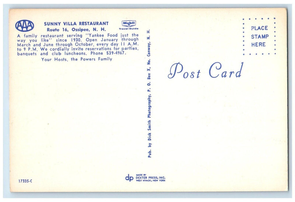 1960 Exterior View Sunny Villa Restaurant Ossipee New Hampshire Antique Postcard