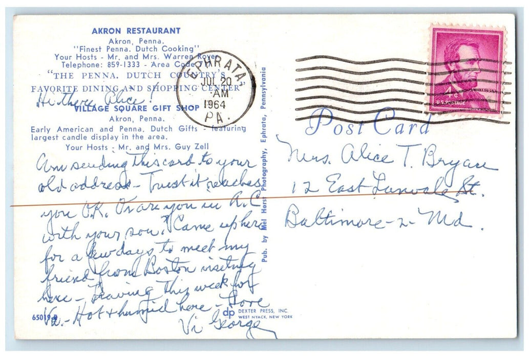 1964 Akron Restaurant Akron Pennsylvania PA Multi-View Vintage Antique Postcard