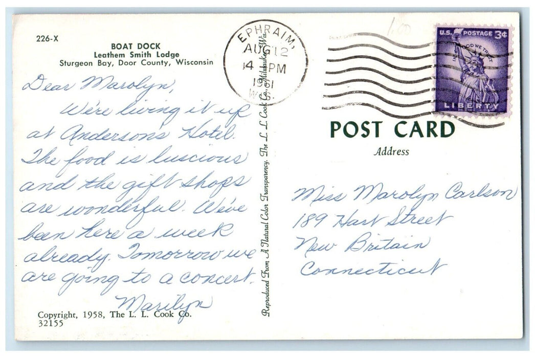 1961 Boat Dock Leathem Smith Lodge Sturgeon Bay Door County Wisconsin Postcard