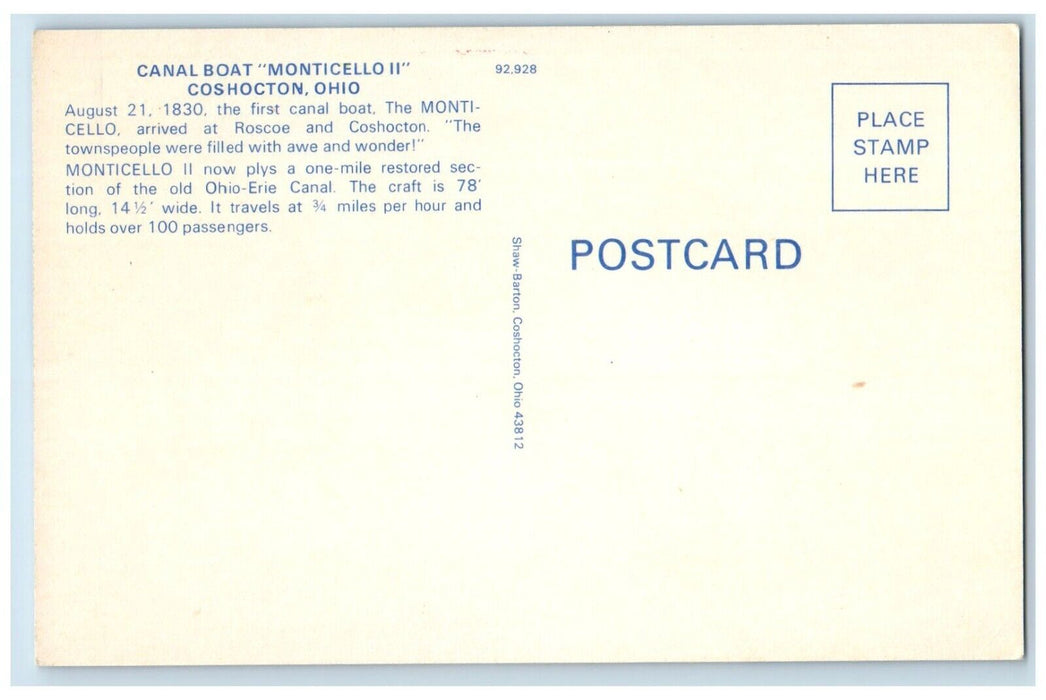 c1960 Canal Boat Monticello II Roscoe Townspeople River Coshocton Ohio Postcard