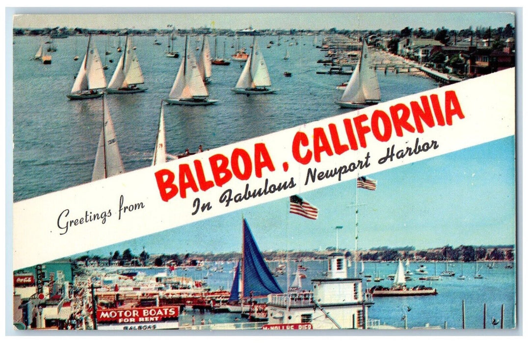 c1960 Greetings Newport Harbor Yacht Racing Balboa California CA Banner Postcard