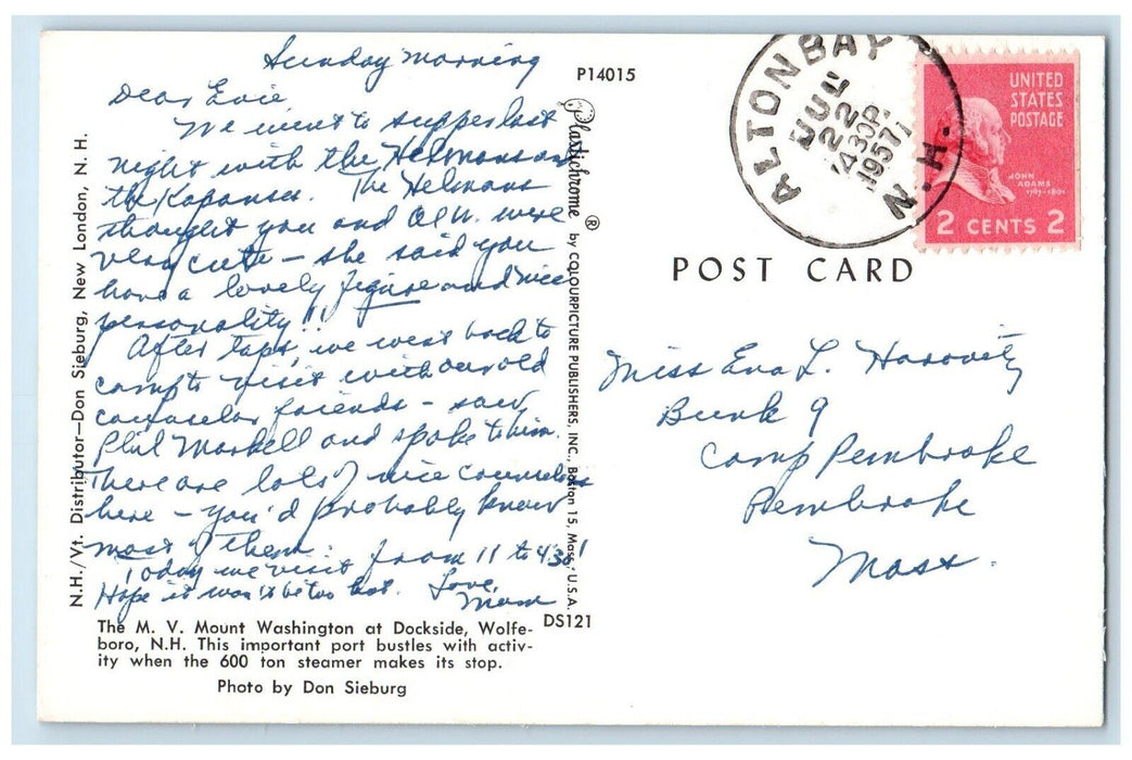 1957 M.V. Mount Washington Dockside Wolfeboro Parking New Hampshire NH Postcard