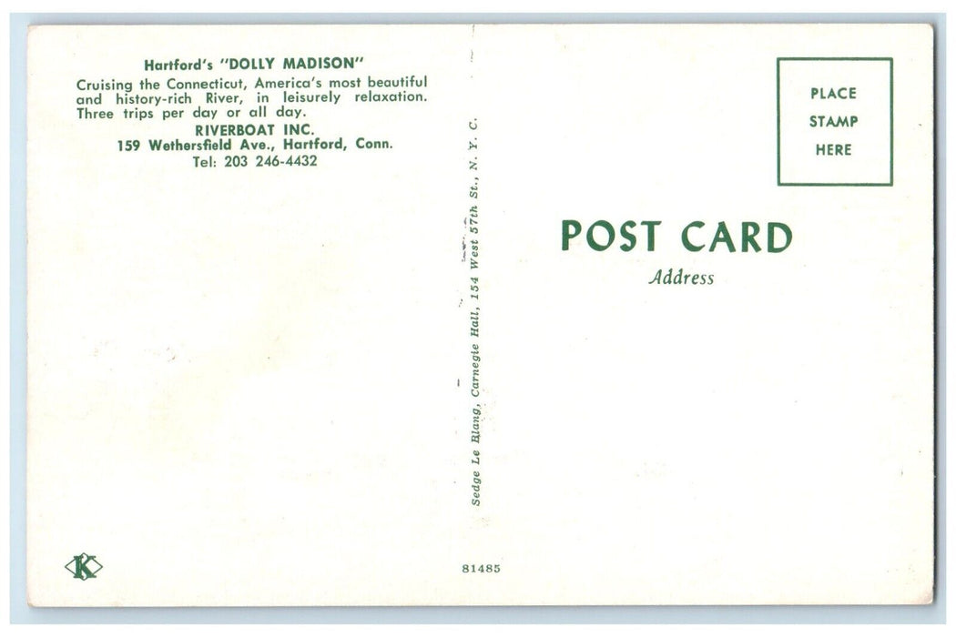 c1960 Hartford's Dolly Madison Cruising Connecticut Riverboat Hartford Postcard
