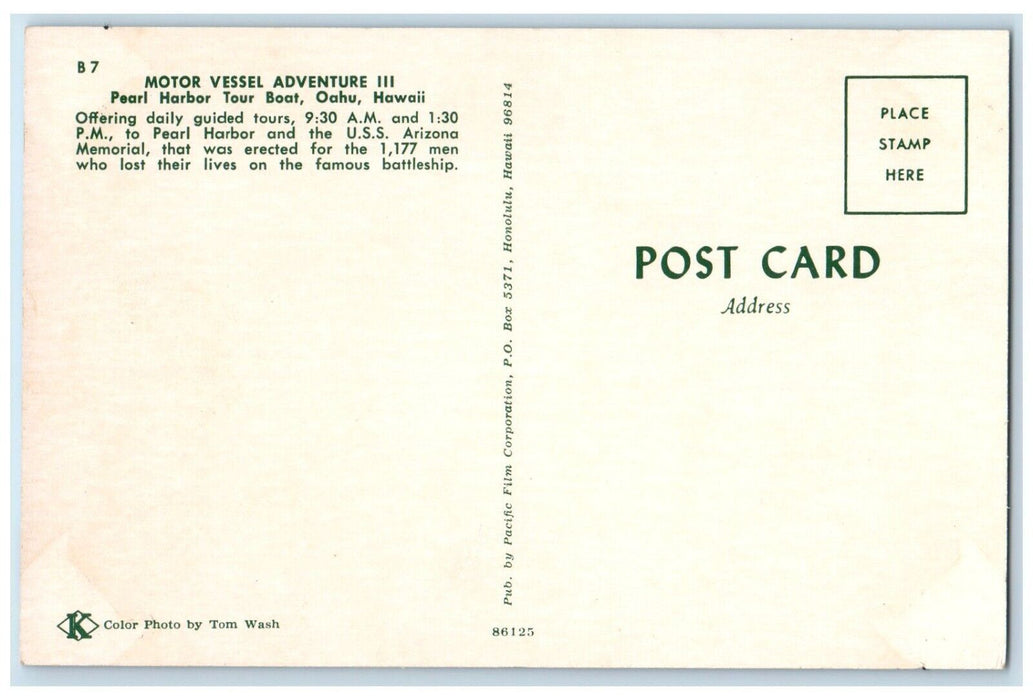 c1960 Motor Vessel Adventure III Pearl Harbor Tour Boat Oahu Hawaii HI Psotcard