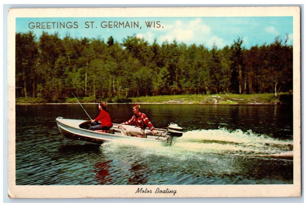 1977 Greetings Speedboat Motorboat Fishing River St. Germain Wisconsin Postcard