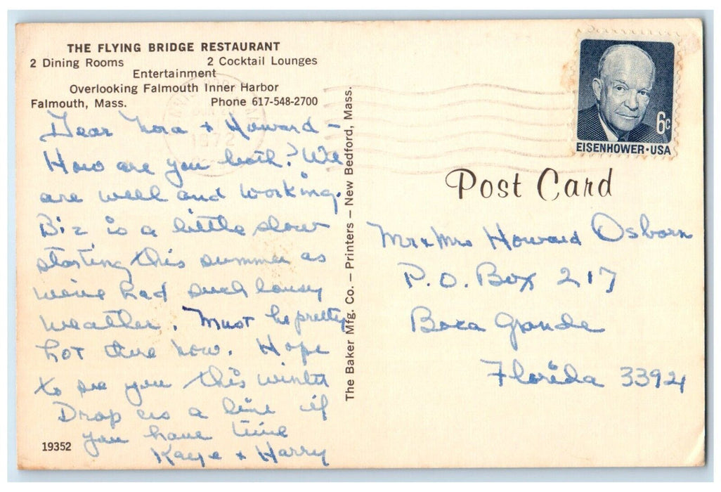 1972 Flying Bridge Restaurant Dock Boat Falmouth Massachusetts Vintage Postcard
