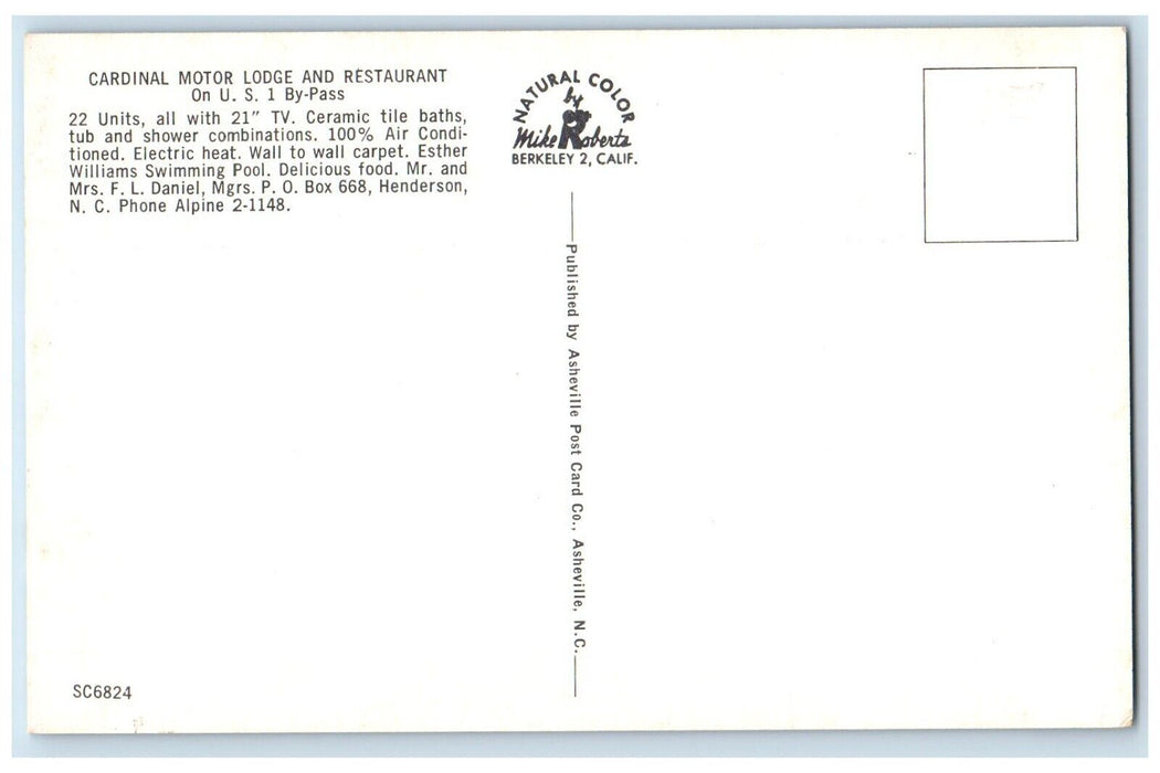 c1960 Cardinal Motor Lodge Restaurant Henderson NC Natural Color Card Postcard