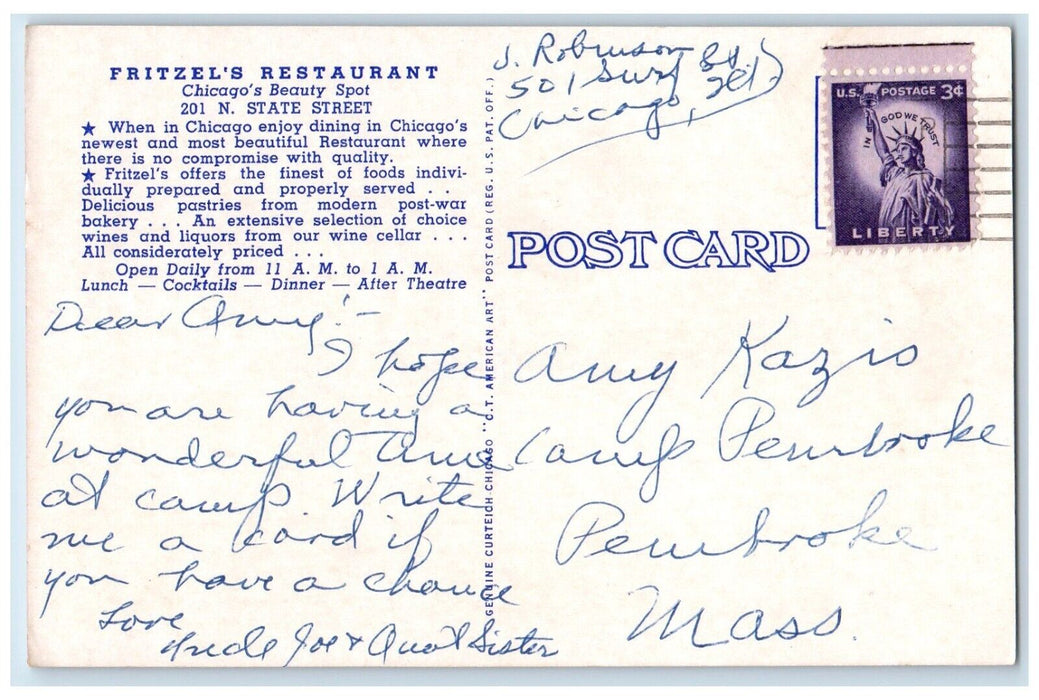 c1920 Fritzel Restaurant State Lake Street Chicago Illinois IL Vintage Postcard