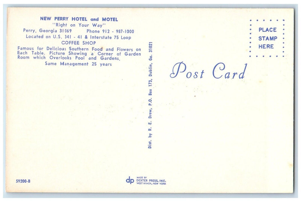 c1960 Interior View New Perry Hotel Motel Restaurant Perry Georgia GA Postcard