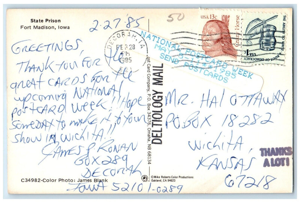 1985 State Prison Fort Madison Iowa IA, Dual View Cars Water Tower Postcard