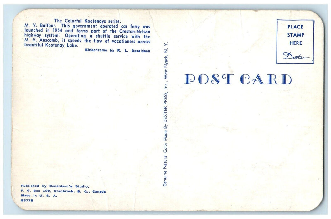 MV Balfour Car Ferry Kootenay Lake British Of Columbia Canada Vintage Postcard