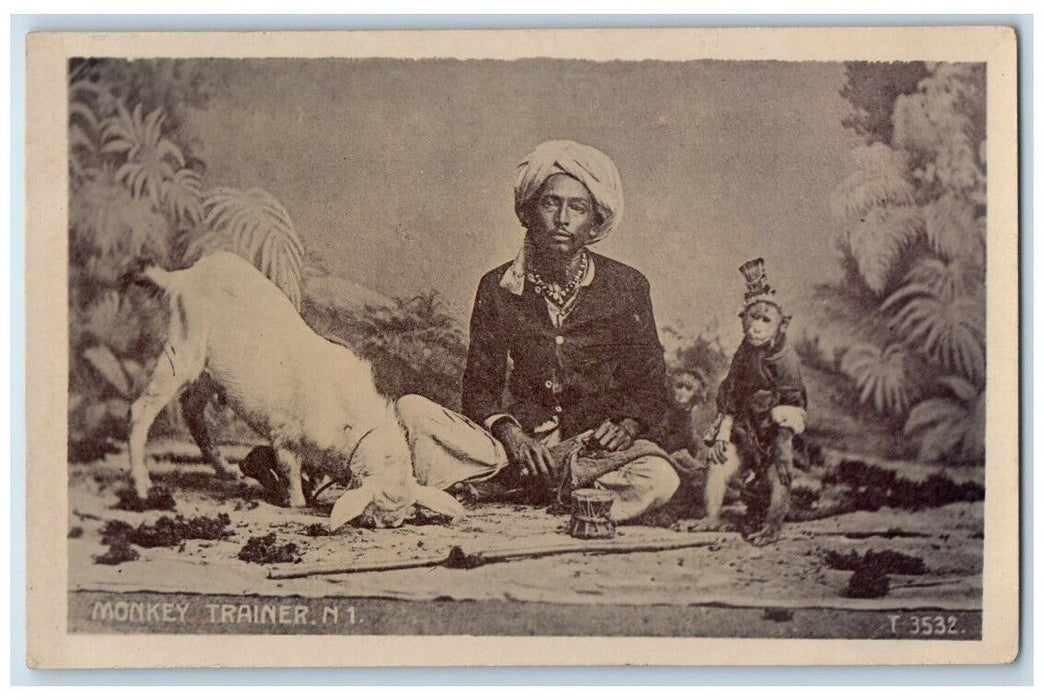 c1920's Monkey Goat Trainer Tricks Delhi India  RPPC Unposted Postcard