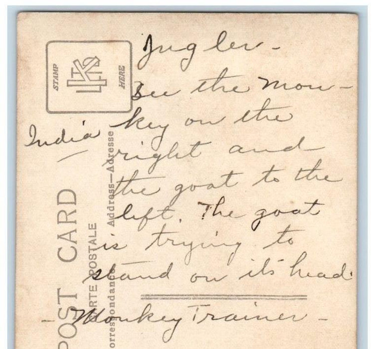 c1920's Monkey Goat Trainer Tricks Delhi India  RPPC Unposted Postcard