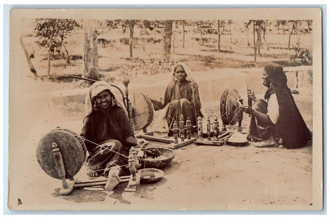 c1920's Women With Spinning Wheels Yarn Delhi India RPPC Unposted Postcard