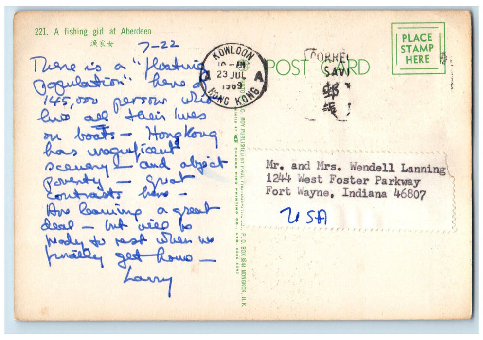 1969 Boat as Transportation Fishing Girl at Aberdeen Hong Kong Postcard