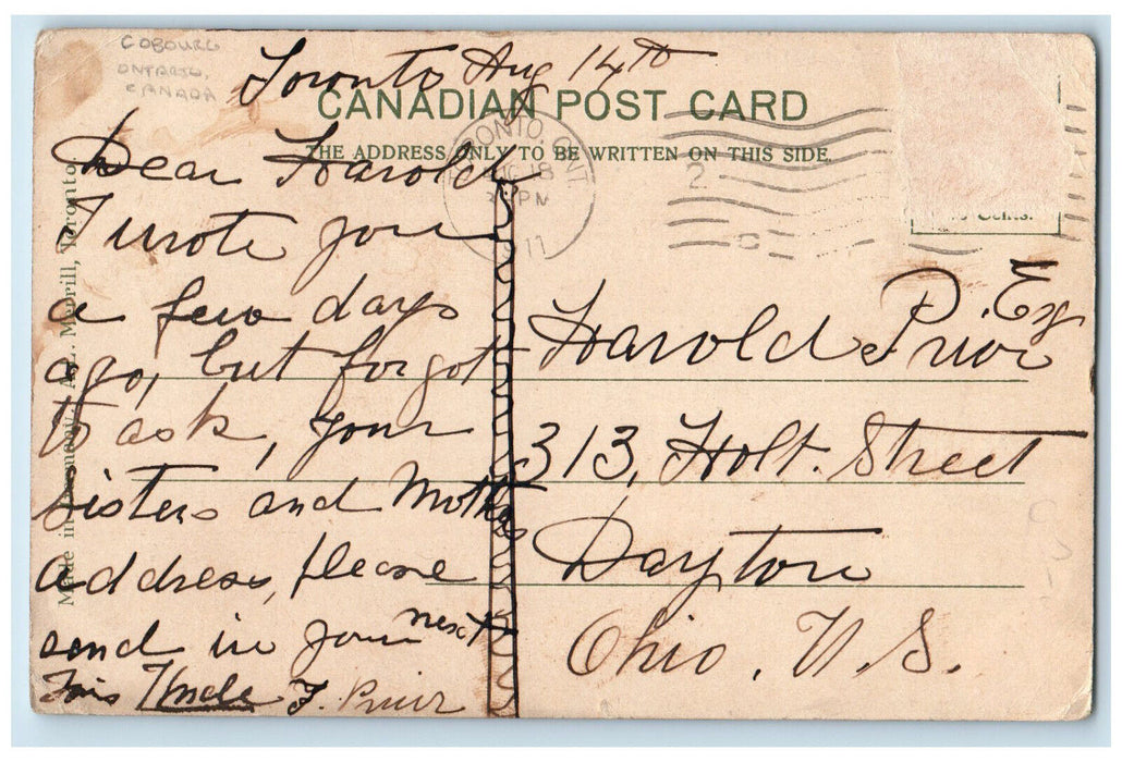 1911 Scene of a Park at Cobourg Ontario Canada Antique Posted Postcard
