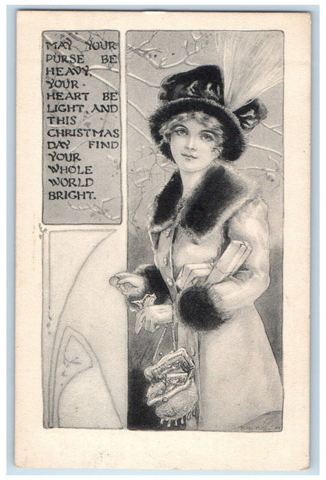 1911 Christmas Pretty Woman Holding Heavy Purse Gift Wilmington DE Postcard