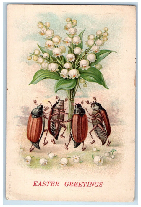 1913 Easter Greetings Lightning Bug Firefly Carrying Flowers Bangor PA Postcard