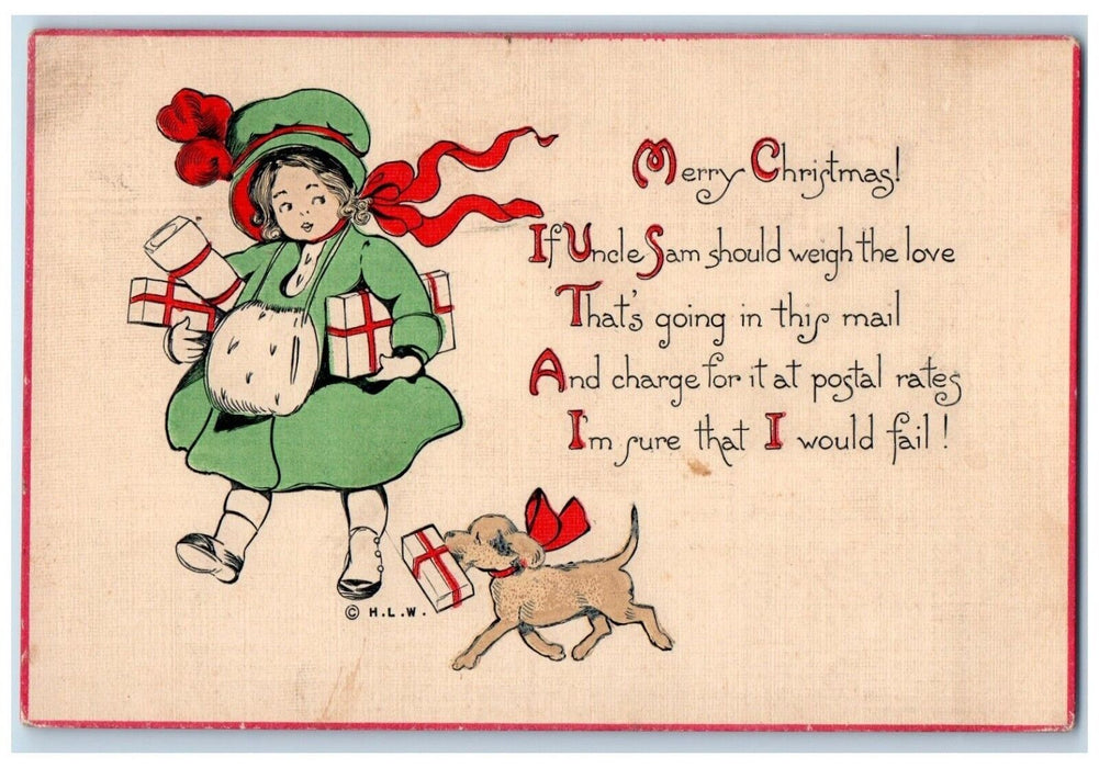 1912 Christmas Woman Holding Gift Dog HLW Wilmington Delaware Postcard